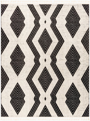 Livabliss Azilal Moroccan Geometric High Pile Polyester Accent Rug with Fringe for Entryways Black, Ivory 7'10" x 10' AZI2300-710102