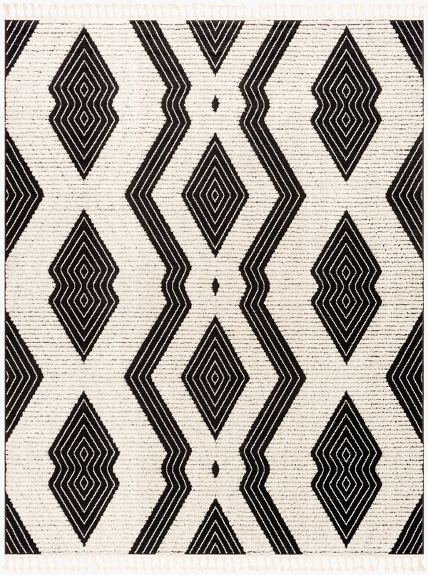 Livabliss Azilal Moroccan Geometric High Pile Polyester Accent Rug with Fringe for Entryways Black, Ivory 7'10" x 10' AZI2300-710102