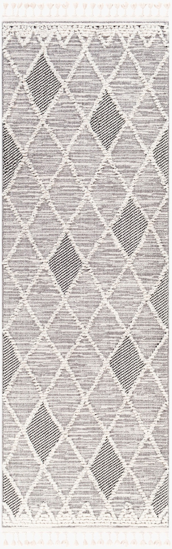 Livabliss Azilal Moroccan Geometric High Pile Polyester Area Rug with Fringe for Entryways Gray, Black 2'7" x 7'3" AZI2304-2776