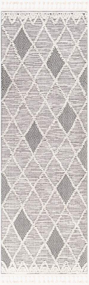 Livabliss Azilal Moroccan Geometric High Pile Polyester Area Rug with Fringe for Entryways Gray, Black 2'7" x 7'3" AZI2304-2776