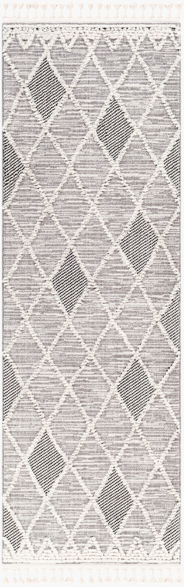 Livabliss Azilal Moroccan Geometric High Pile Polyester Area Rug with Fringe for Entryways Gray, Black 2'7" x 7'3" AZI2304-2776
