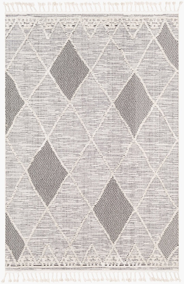 Livabliss Azilal Moroccan Geometric High Pile Polyester Area Rug with Fringe for Entryways Gray, Black 2' x 2'11" AZI2304-2211