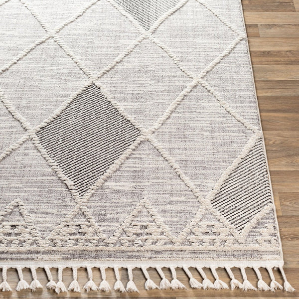 Livabliss Azilal Moroccan Geometric High Pile Polyester Area Rug with Fringe for Entryways Gray, Black 2' x 2'11" AZI2304-2211