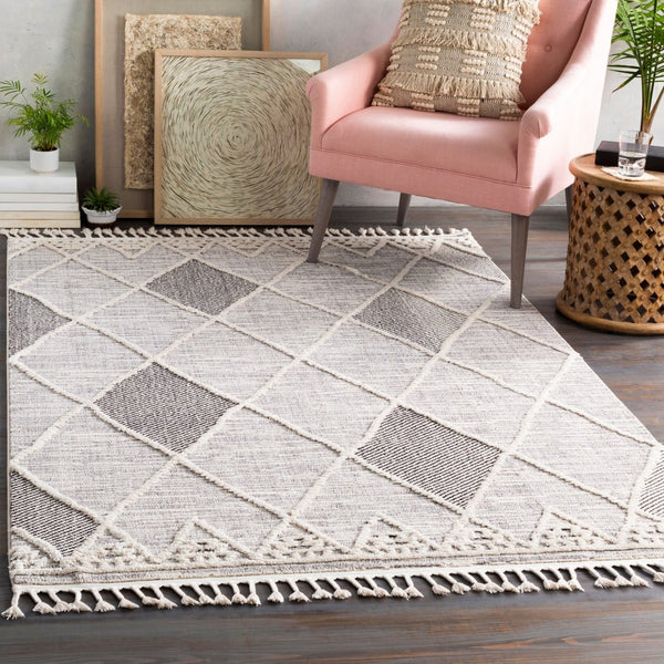 Livabliss Azilal Moroccan Geometric High Pile Polyester Area Rug with Fringe for Entryways Gray, Black 2' x 2'11" AZI2304-2211
