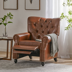 English Elm Christopher Knight Home® - Button Button Tufted Heavy Duty Manual Push-Back Recliner Chair with Nailhead Accents and Comfort Backrest Light Brown 71976.00PUCOGN