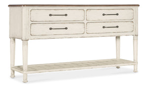 Hooker Furniture Americana Server With Rustic Oak Veneer, Carved Legs, Felt-Lined Drawers & Planked Shelf For Display Whites/Creams/Beiges 7050-75917-02