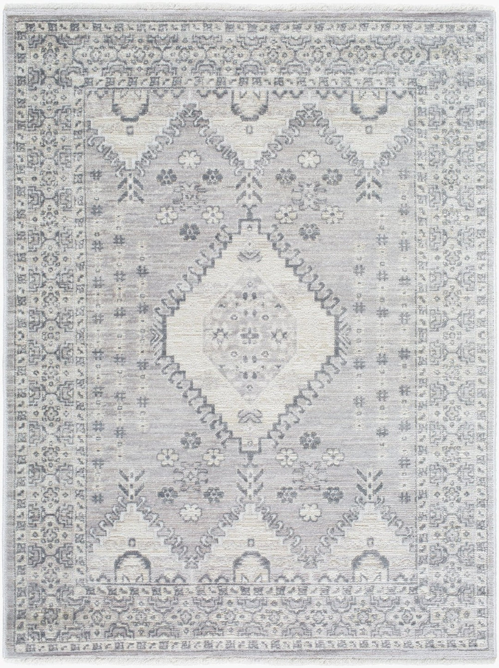 Livabliss Azhar Traditional Medallion Area Rug with Fringe Polyester Woven Living Room Accent Pewter, Ivory 7'10" x 10' AZR2300-71010