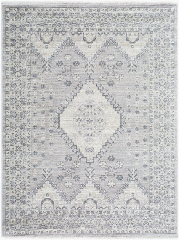 Livabliss Azhar Traditional Medallion Area Rug with Fringe Polyester Woven Living Room Accent Pewter, Ivory 7'10" x 10' AZR2300-71010