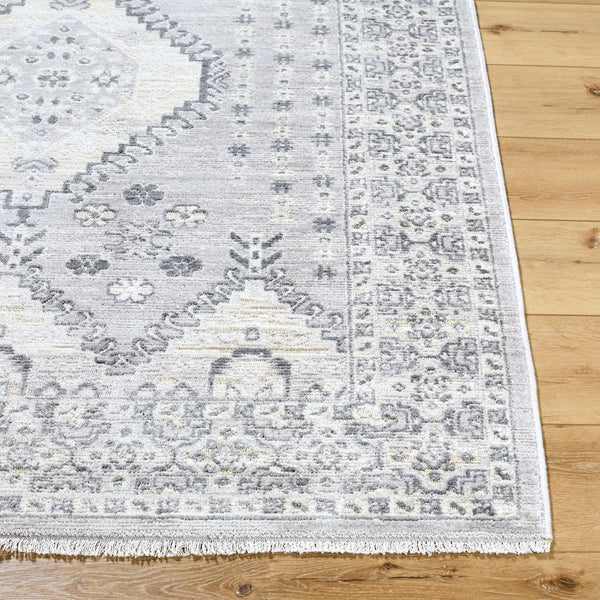 Livabliss Azhar Traditional Medallion Area Rug with Fringe Polyester Woven Living Room Accent Pewter, Ivory 7'10" x 10' AZR2300-71010
