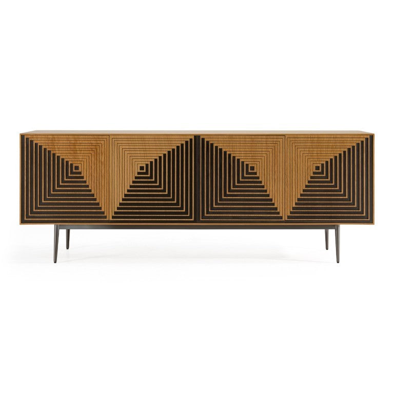 VIG Furniture Azteca Modern White Oak Sideboard With Black Geometric Relief, Soft-Close Doors & Metal Legs VGVC-G2566