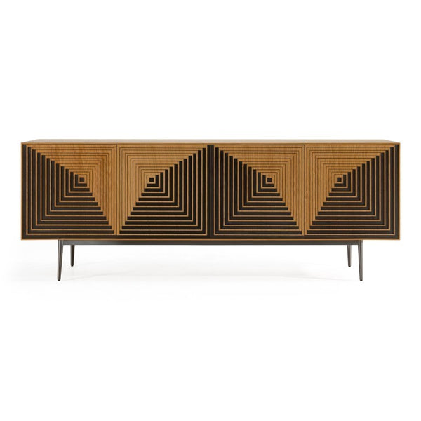 VIG Furniture Azteca Modern White Oak Sideboard With Black Geometric Relief, Soft-Close Doors & Metal Legs VGVC-G2566