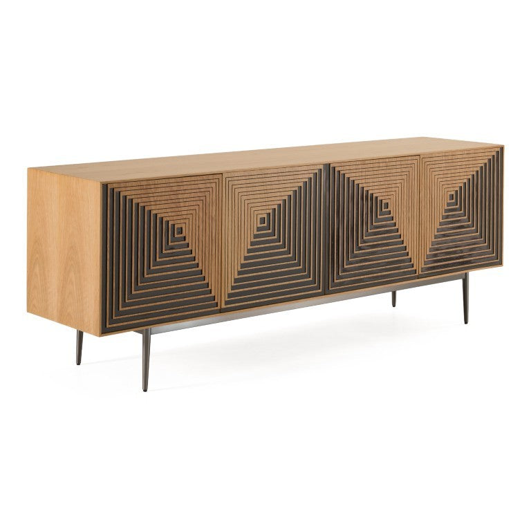 VIG Furniture Azteca Modern White Oak Sideboard With Black Geometric Relief, Soft-Close Doors & Metal Legs VGVC-G2566