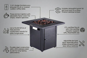 Origins Azure Square Steel Propane Fire Pit Outdoor Coffee Table with 50000 Btu Burner FP-28SQM