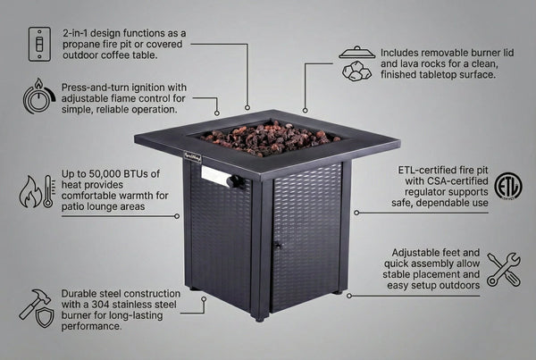 Origins Azure Square Steel Propane Fire Pit Outdoor Coffee Table with 50000 Btu Burner FP-28SQM