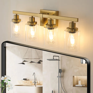 English Elm 24" Golden 4-Light Vanity Light with Clear Glass Shades, Modern Iron Bathroom Wall Fixture for Mirror W2312P374800