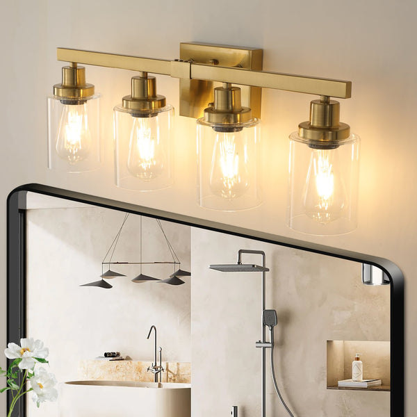 English Elm 24" Golden 4-Light Vanity Light with Clear Glass Shades, Modern Iron Bathroom Wall Fixture for Mirror W2312P374800