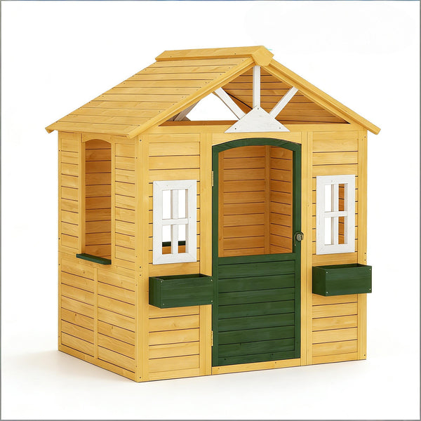 English Elm Creative Fir Wood Kids Outdoor Playhouse Cottage with Flower Boxes and Windows T3971P491797