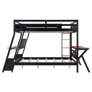 English Elm Full Size Gaming Bunk Bed with Dual Desks Usb Charging Ports and Pegboard Storage Red LT000274AAR