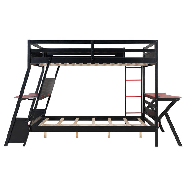 English Elm Full Size Gaming Bunk Bed with Dual Desks Usb Charging Ports and Pegboard Storage Red LT000274AAR
