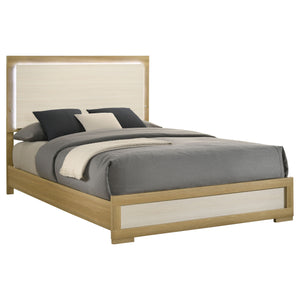 English Elm Lincoln Queen LED Panel Bed with Natural & White Two-Tone Finish, Tap-Lit Headboard, Modern Glow B062S01365