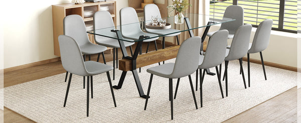 English Elm Table Set With 10 Light Gray Linen Chairs – Modern Glass Top & Durable Metal Frame For Dining Rooms W1151S03606-GIGA