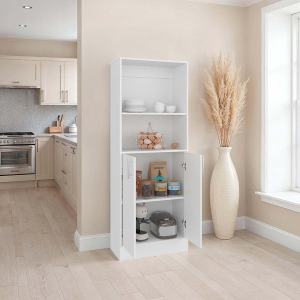 English Elm White Tall Narrow Kitchen Pantry Cabinet with Open Shelves and Concealed Storage Door B062P483732