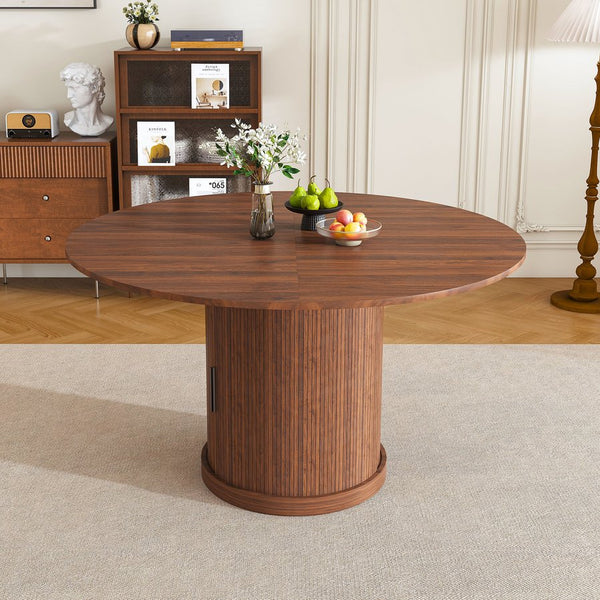 English Elm 47 Inch Extendable Round Dining Table Walnut Finish Seats 8 with Wire Grid Shelf W2700P385519
