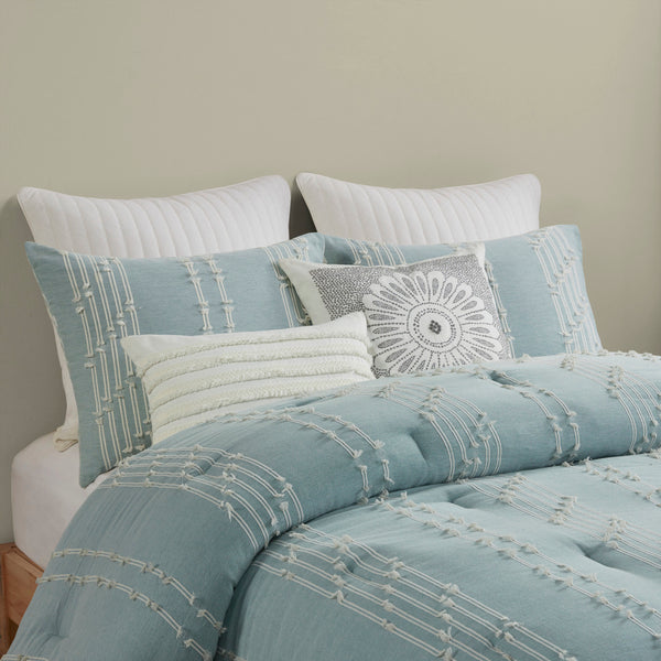 English Elm 3 INK+IVY Kara Cotton Jacquard Comforter Set Full/Queen — Eco OEKO-TEX Stripe & Diamond Reversible Design Aqua 22.44 L x 21.65 W x 13.39 H B03596412