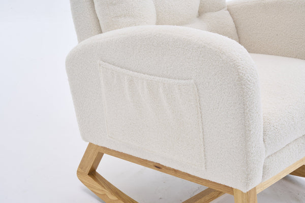 English Elm LY-5104 Plush High-Back Rocking Chair with Footrest & Storage Pocket, Ergonomic Foam Cushion for Nursery Beige+White W2231P292976