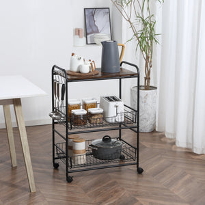 English Elm HOMCOM Rustic Brown 3-Tier Rolling Kitchen Cart with 2 Pull-Out Baskets, Side Hooks & Brake Wheels W2225P217410