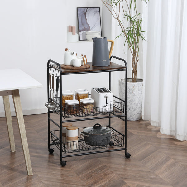 English Elm HOMCOM Rustic Brown 3-Tier Rolling Kitchen Cart with 2 Pull-Out Baskets, Side Hooks & Brake Wheels W2225P217410
