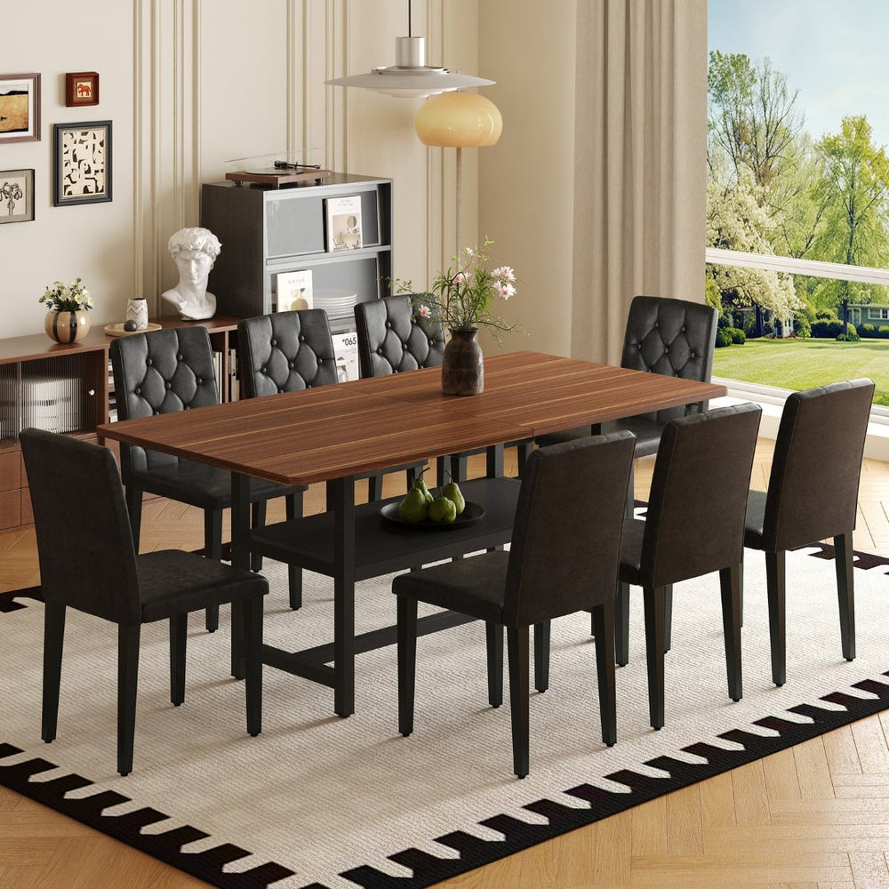 English Elm Table Set With 8 Ergonomic Pu Chairs & Walnut Grain Dining Table Featuring Under-Table Storage W1151S04288-GIGA