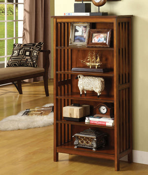 English Elm Transitional Oak Media Shelf with Lattice Molding, Solid Wood Five Open Shelves 23"W x 42.5"H B2741P342788