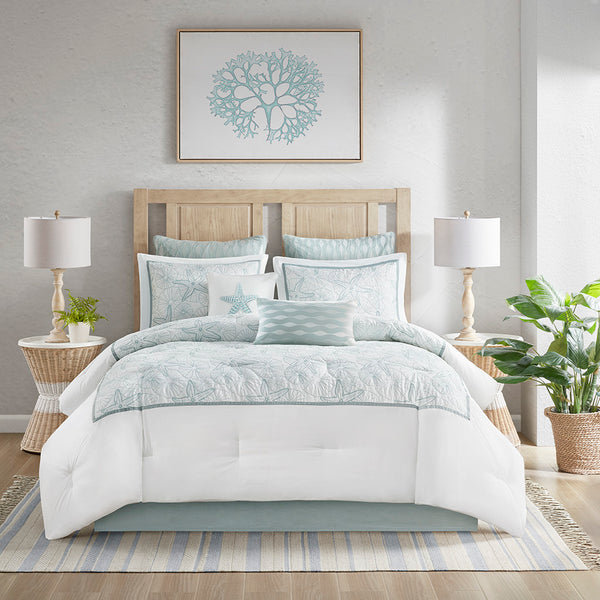 JLA Home Harbor House Blue - Euro Sham - Maya Bay Seafoam Blue Embroidered 100% Cotton OEKO-TEX Euro Sham for Luxe Coastal Beds HH11-1228A
