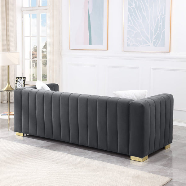 English Elm A Modern Channel Sofa - Elegant Grey Velvet Chesterfield Design, 3-Seater Comfort For Any Space W1099S00126