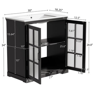 English Elm Christopher Knight Home® - 30" Modern Bathroom Vanity with Ceramic Sink, Tempered Blurred Glass Doors, Rubber Wood Frame Storage Matte Black N817P279904B