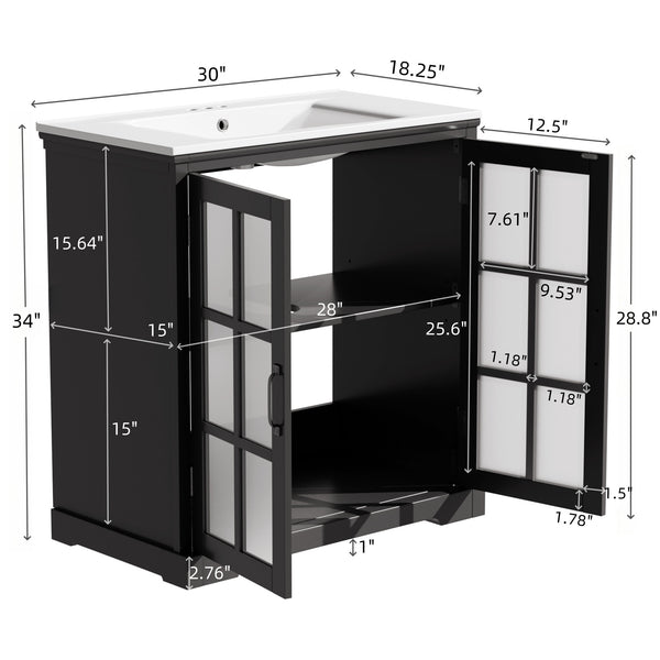 English Elm Christopher Knight Home® - 30" Modern Bathroom Vanity with Ceramic Sink, Tempered Blurred Glass Doors, Rubber Wood Frame Storage Matte Black N817P279904B
