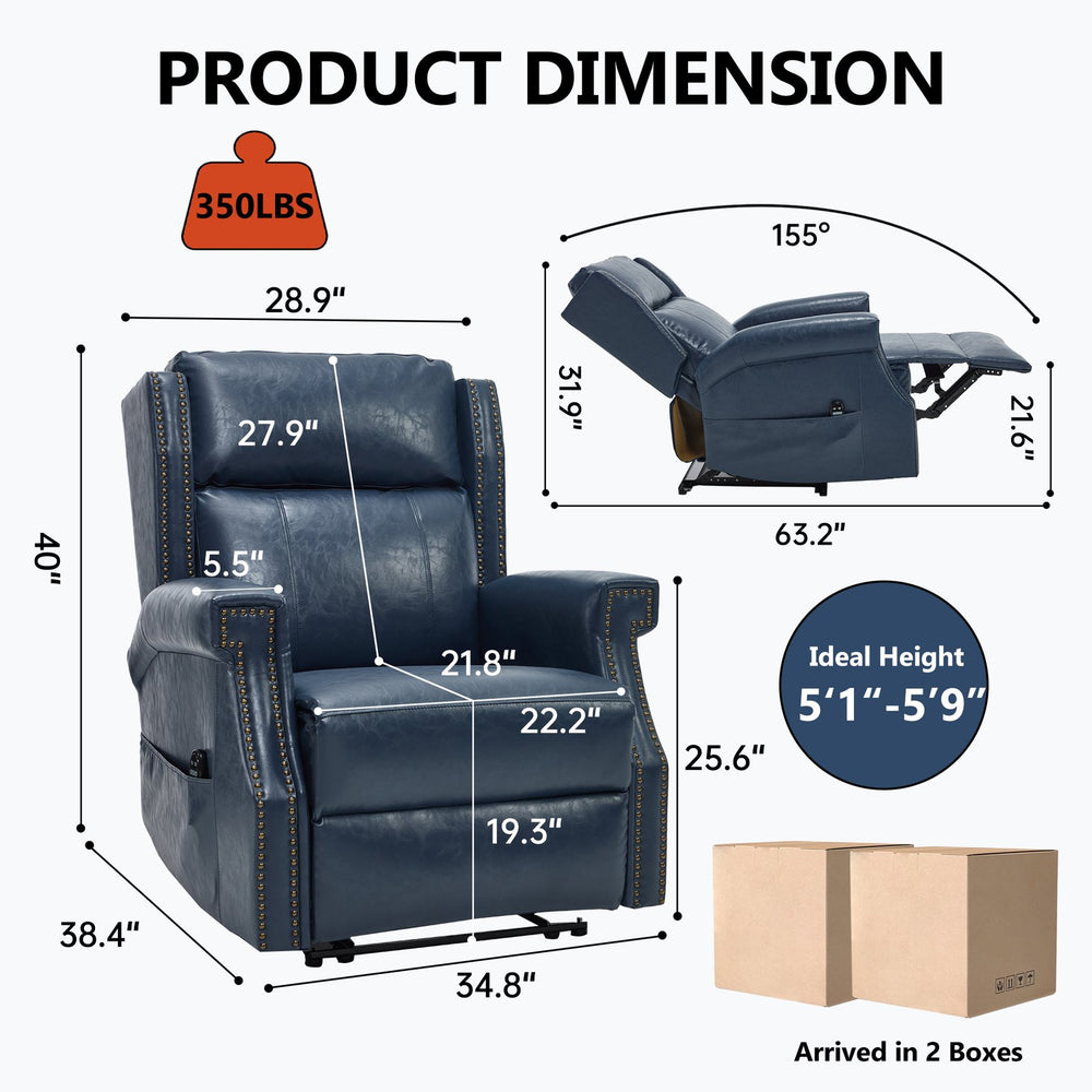 English Elm Emon's Overstuffed Chenille Power Lift Recliner with Massage Heat and Charging Ports Blue W1803S00087