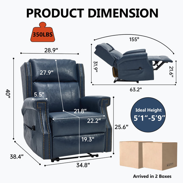 English Elm Emon's Overstuffed Chenille Power Lift Recliner with Massage Heat and Charging Ports Blue W1803S00087