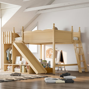 English Elm Queen Solid Pine Loft Bed with Wardrobe Shelves Detachable Slide and Dual Sleeping Zones Natural W5305S00027