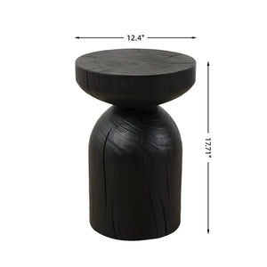 English Elm Solid Mango Wood Round Accent Table Hand Burned Finish Sculptural Plant Stand Nightstand W347P430101