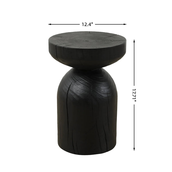 English Elm Solid Mango Wood Round Accent Table Hand Burned Finish Sculptural Plant Stand Nightstand W347P430101