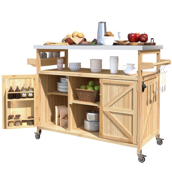 English Elm K&K Outdoor Kitchen Island Rolling Bar Cart with 1.2" Stainless Steel Top, Ample Storage, Wheels and Spice Rack Natural WF532198AAY