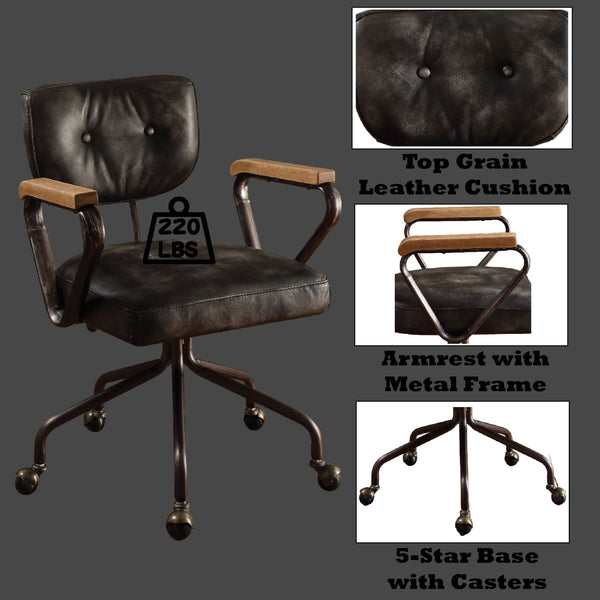 English Elm Hallie Vintage Black Top Grain Leather Office Chair with Button-Tufted Back, Nailhead Trim, Swivel B2726P271643