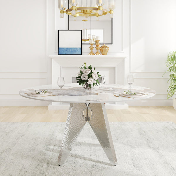 English Elm 59.05" Round Marble Dining Table - Sturdy Stainless Steel Base, Seats 6-8, Stylish For Modern Homes W1535S00463