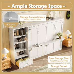 English Elm Queen Murphy Bed with Built-In Shelves, Height-Adjustable Storage & Drawer for Small Spaces White 71.6 L x 21.5 W x 6.1 H N733S309223K