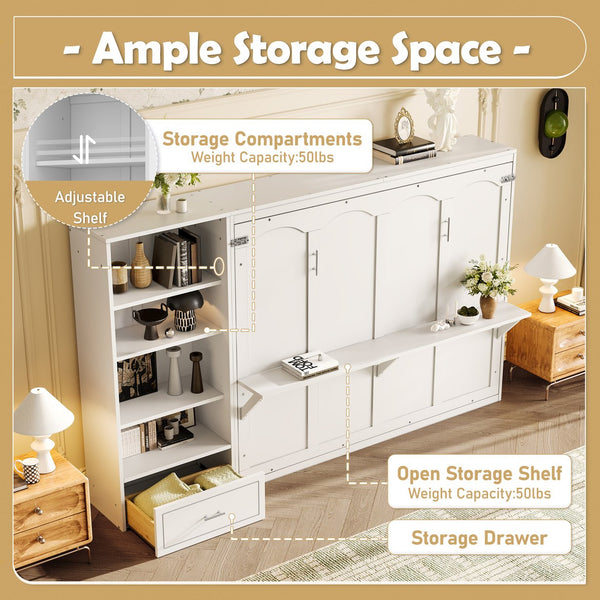 English Elm Queen Murphy Bed with Built-In Shelves, Height-Adjustable Storage & Drawer for Small Spaces White 71.6 L x 21.5 W x 6.1 H N733S309223K