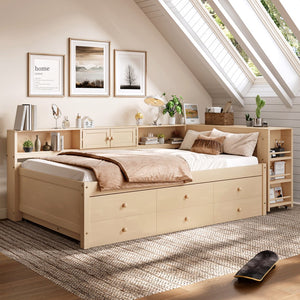 English Elm Twin Daybed Pine Frame with Trundle Desk Hutch Shelves and Storage for Kids Rooms Golden W1580S00460