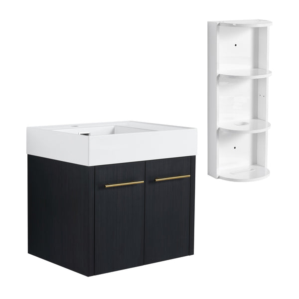 English Elm 24 Inch Wall-Mounted Bathroom Vanity Set With Thick Resin Sink, Storage Rack & Soft-Close Doors W999S00366