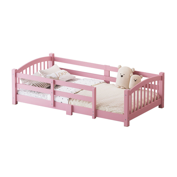 English Elm Twin Montessori Floor Bed Solid Pine Frame with Safety Guardrails for Kids Bedroom Pink N733P400298H